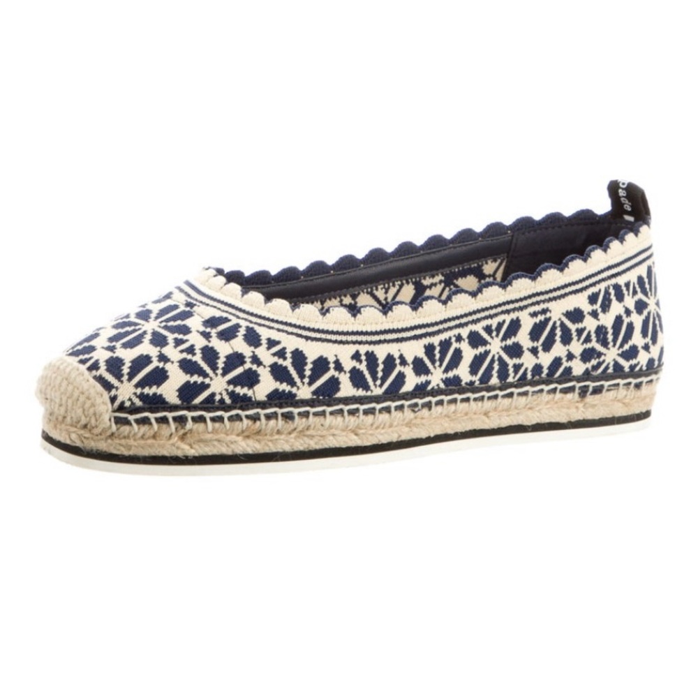 KATE SPADE Knottingham Blue and Cream Espadrille Flats 7.5 with Ankle Ribbon